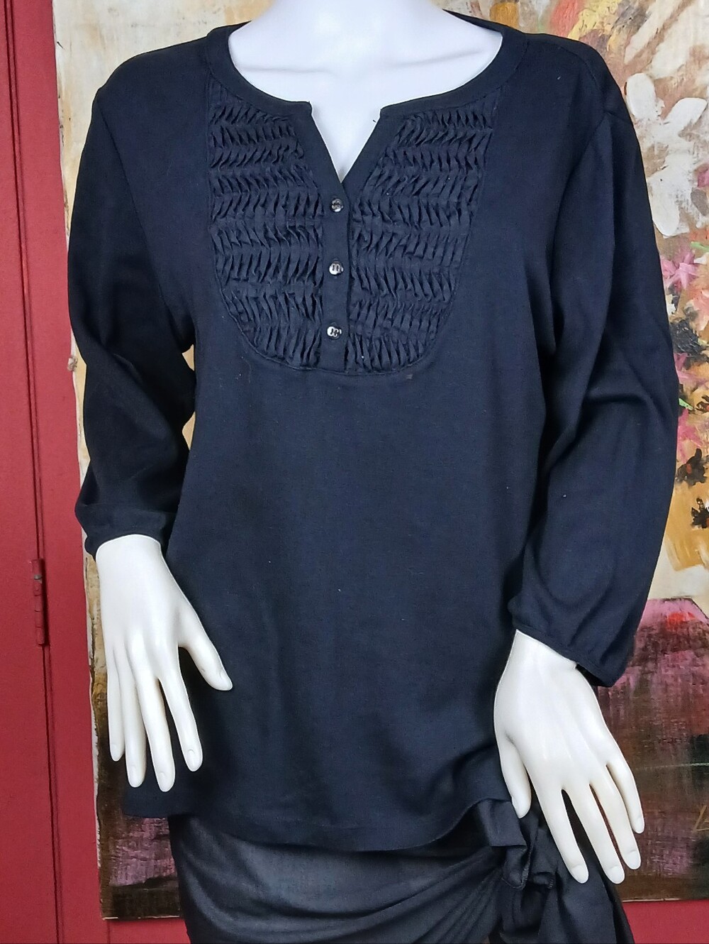 Karen Scott Black Smocked Bib Long Sleeve Pullover